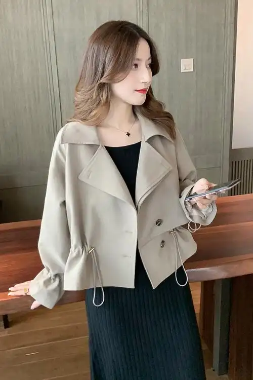 秋装新款韩版早秋抽绳纯色短风衣外套女神百搭小个子轻熟上衣