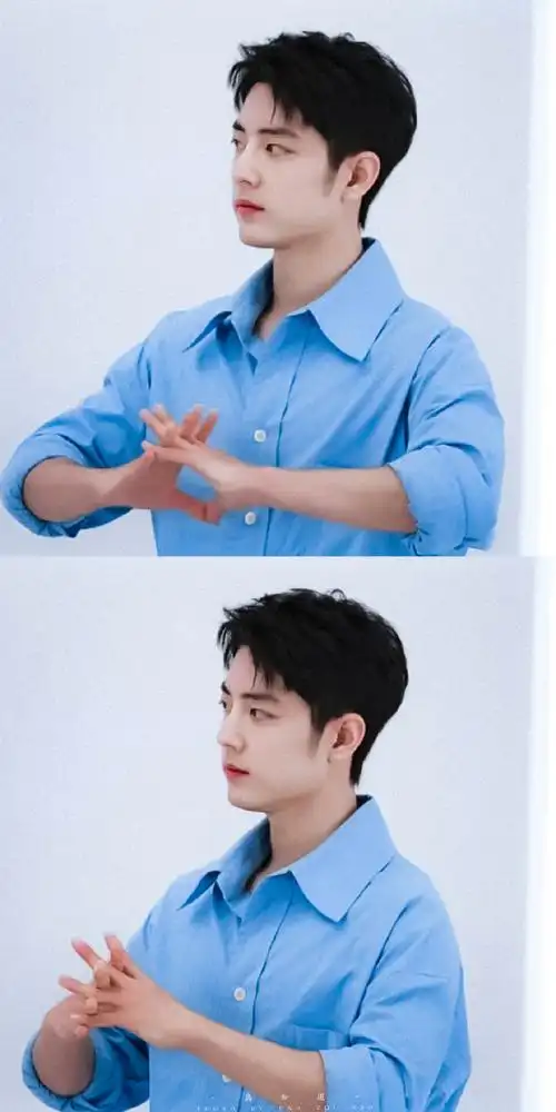 肖战蓝色衬衫直播造型