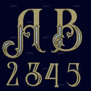 zm18金色立体哥特式英文字母数字字体png免扣设计素材