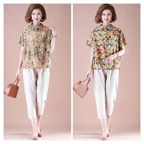 中年妈妈夏装棉麻短袖衬衫中老年套装女印花t恤上衣两件套40岁50