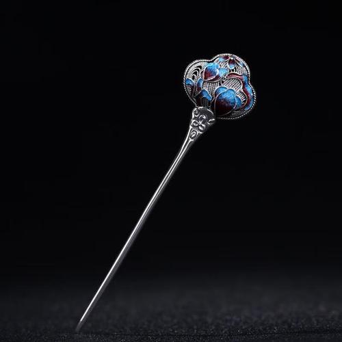 款钗发簪发钗盘发古风汉服烧蓝簪子丸子头公主礼物 银景泰蓝发钗发簪