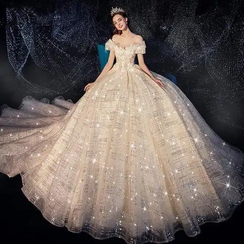 主婚纱2021新款一字肩森系梦幻超仙星空新娘礼服豪华奢侈拖尾婚礼