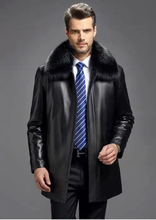 中老年真皮皮衣男士绵羊皮夹克狐狸毛领貂内胆男皮草爸爸装外套