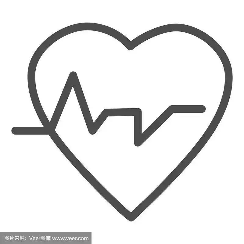 心跳线图标.心脏有脉搏,心电图符号,白色背景上轮廓样式象形图.