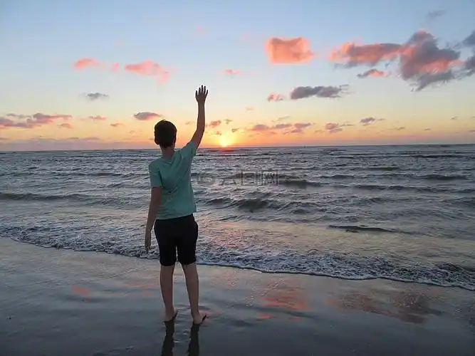 男孩,告别,日落