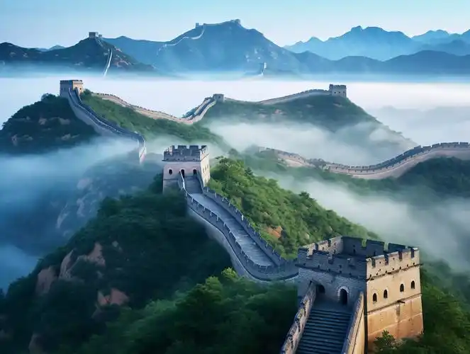 清晨云雾缭绕的雄伟长城连绵起伏的山脉中国著名景点旅行山河辽阔图