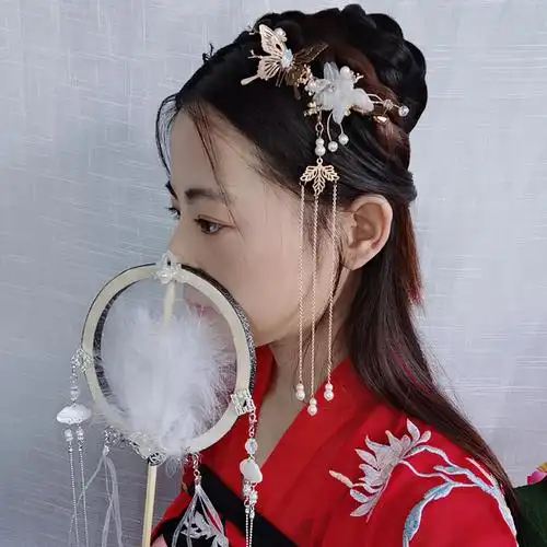 汉服头饰蝴蝶发夹古风发饰配饰流苏步摇古装饰品古代边夹超仙气女
