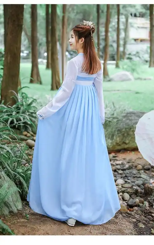 汉服女刺绣花齐胸襦裙古装服装仙女汉服摄影服年会女装演出服天蓝色xs