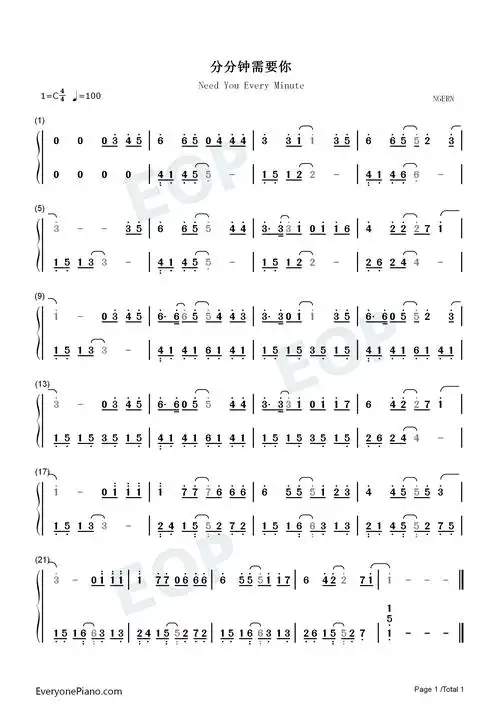 分分钟需要你-c调简单版双手简谱预览1