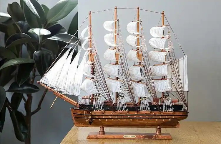 创意一帆风顺帆船摆件办公室桌帆船模型实木工艺品装饰新中式客厅酒