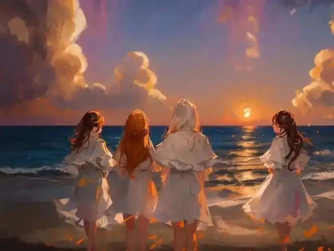 反转,瞬间进入唯美动漫风:原本是一张四个闺蜜在沙滩边上的普通合影照