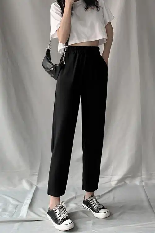 新款秋季哈伦裤女宽松显瘦高腰黑色直筒萝卜休闲九分裤子学生女裤