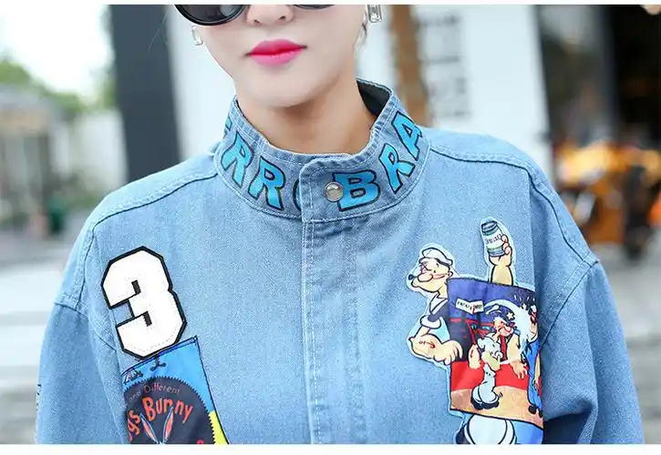 实拍 好先生 关晓彤同款卡通大力水手贴布字母印花大码牛仔外套女
