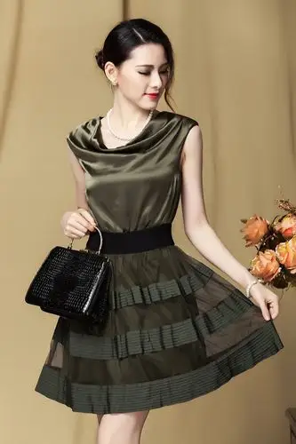 丹慕妮尔2014夏装新款女装ol大牌气质网纱刺绣拼接修身真丝连衣裙