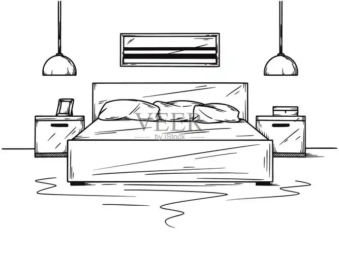 卧室的写实素描.室内手绘草图.矢量图