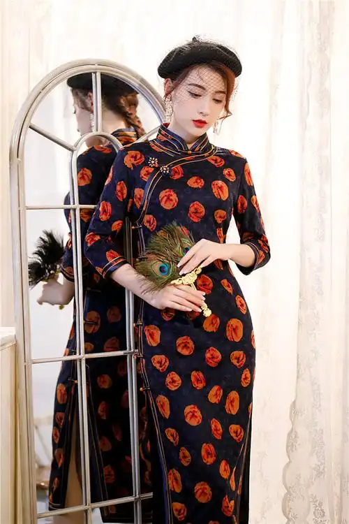 纯手工澳毛花扣中长中袖旗袍2020秋冬新款时尚改良中老年女士旗袍