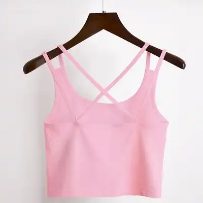 粉色小背心女2020新款双肩吊带漏后背交叉带短款露脐纯棉打底上衣