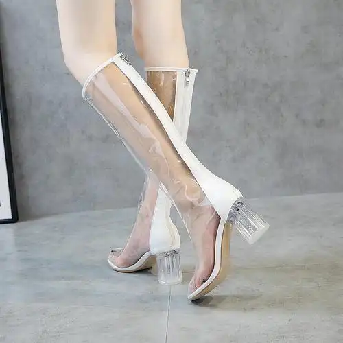 夏季透明靴子女2018新款凉靴高筒罗马水晶pvc时尚百搭高跟长靴