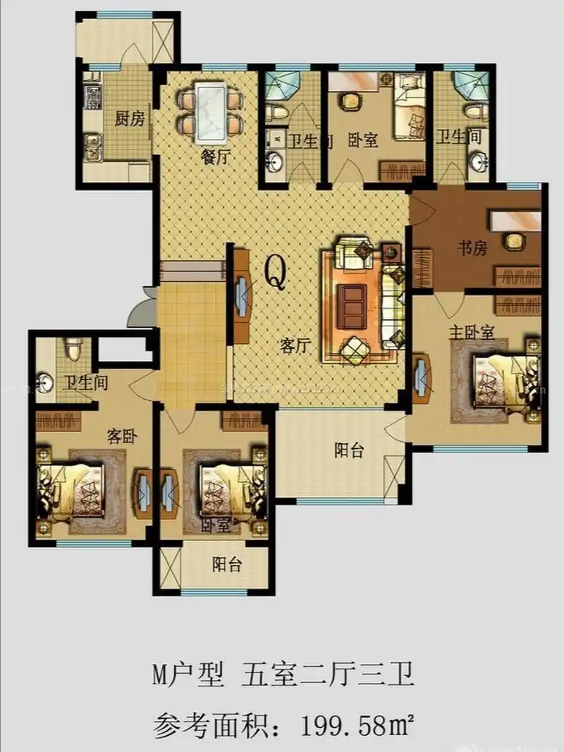 200平米的大平层,拥有五室两厅三卫,却是一个这样的户型,不理想,不