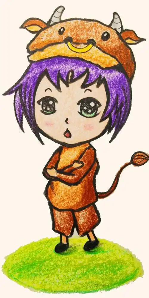 十二生肖牛拟人q版牛完成图>>点击查看教学视频  绘画工具铅笔 橡皮