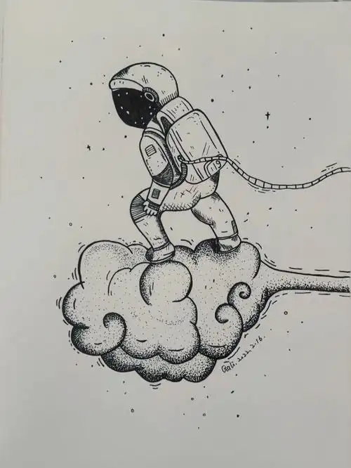 216踏着祥云黑白创意画针管线描简笔画