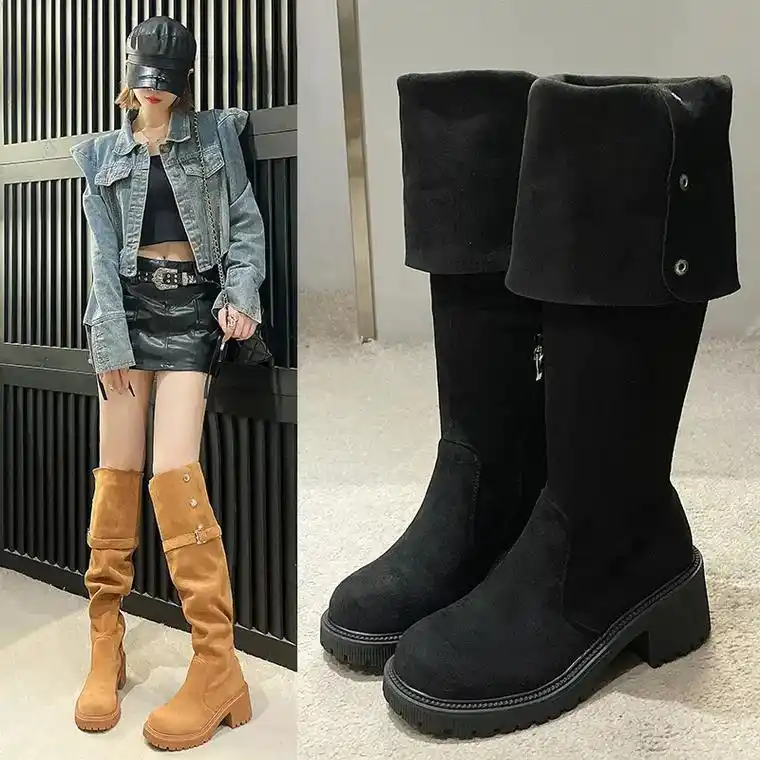 新款绒面高跟真皮时尚百搭高筒靴