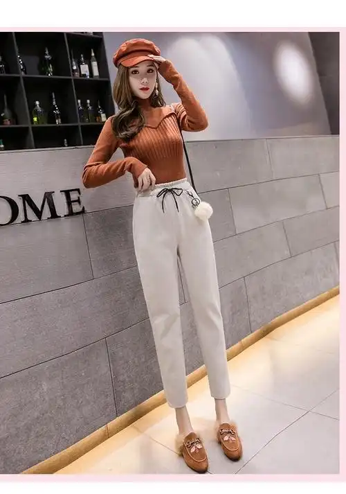 秋冬新款韩版哈伦毛呢裤子女高腰显瘦宽松百搭萝卜九分休闲裤时尚百搭