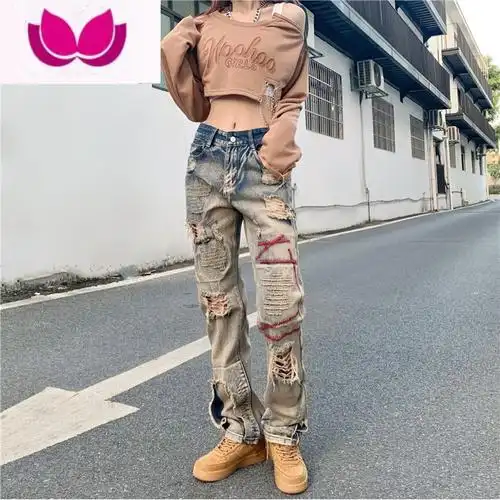 七斓欧美vibe裤子高街ins潮牌水洗做旧牛仔裤男设计感小众刺绣破洞裤