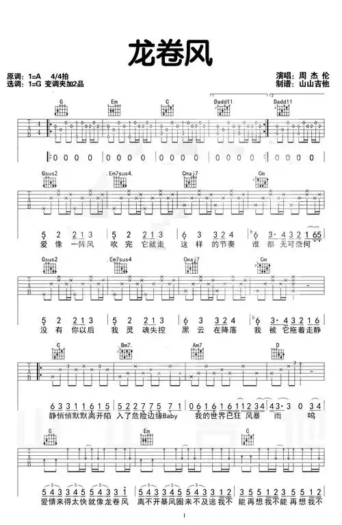 当前龙卷风吉他谱共有高清图片谱3张,采用g调指法弹奏         ;歌词