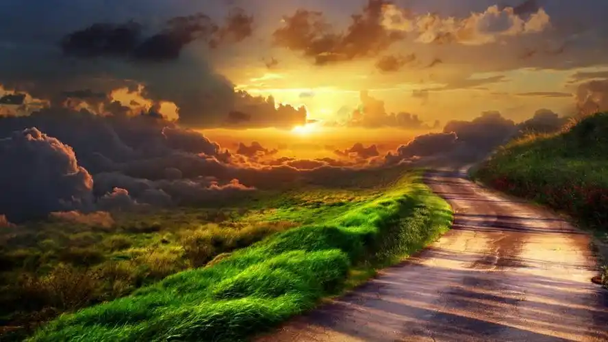 高清晰黄昏下的绿色马路壁纸封面大图