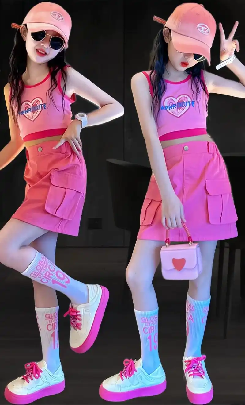 夏季女童多巴胺粉色工装短裤套装穿搭