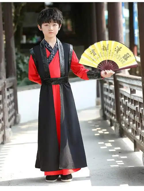 国学演出服小男孩古风公子少爷服黑红色套装折扇靴子110建议身高95110