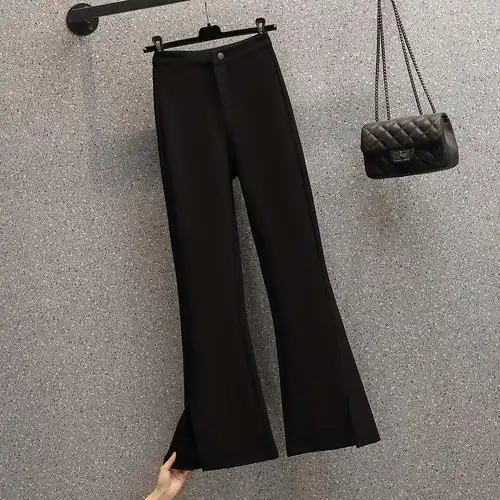 大码女装2022夏装新款胖mm韩版时尚开叉显瘦显腿长利器黑裤子长裤