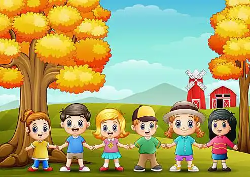 可爱,孩子,握手,一起,农场,插画,背景可爱,狐狸,卡通,插画,站立可爱