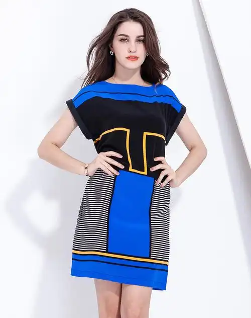 2015新款真丝蓝黑拼色时尚连衣裙