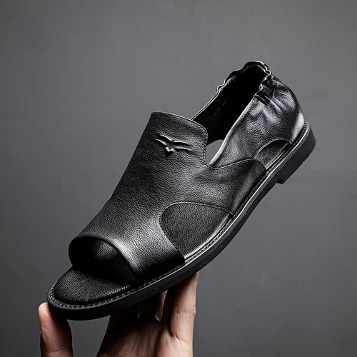 夏季男式皮凉鞋真皮全牛皮软底男士休闲凉鞋男士凉鞋拖鞋两用开车