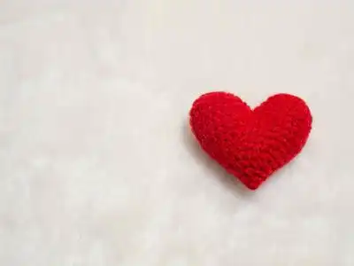 手工红纱心上白羊毛.红色心脏在图片和背景拷贝空间为文本的右边.
