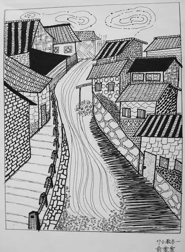 江南小镇幼儿线描画作品