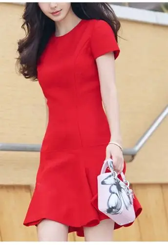 2022夏季新款杨颖明星同款圆领红色连衣裙显瘦圆领荷叶边鱼尾裙