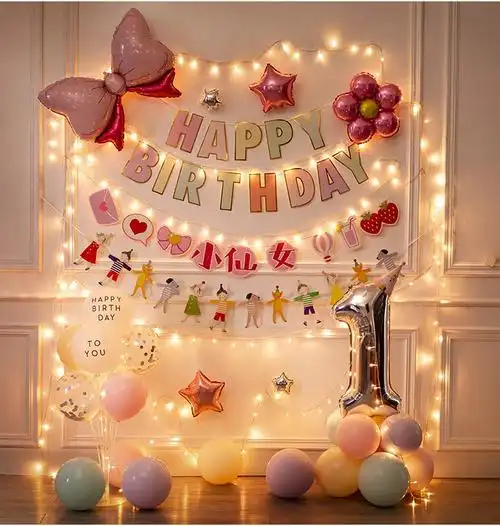 生日装饰男女孩周岁宴布置抓周礼满月百天海报场景布置背景墙生日气球