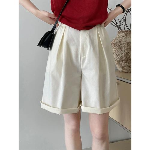 滔川复古休闲日系白色短裤女松紧腰宽松卷边工装五分裤中裤