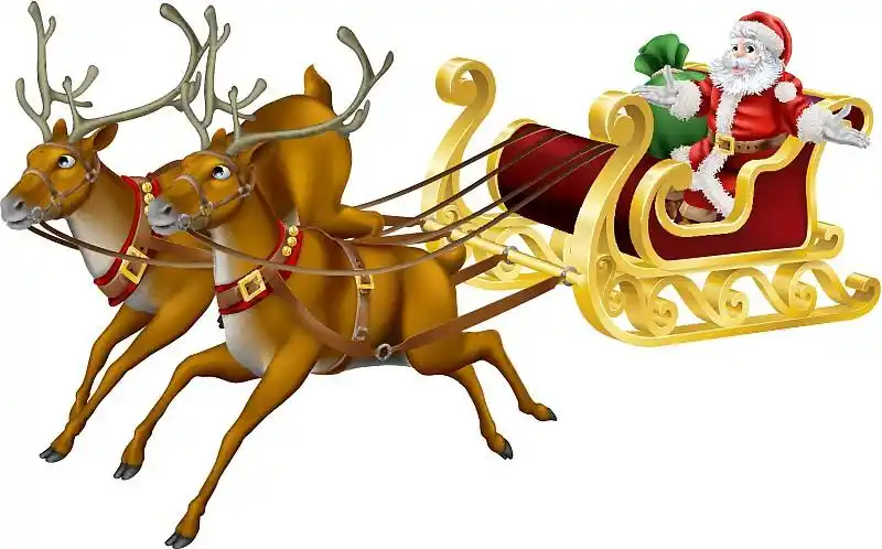 驯鹿和圣诞老人在雪橇上飞行