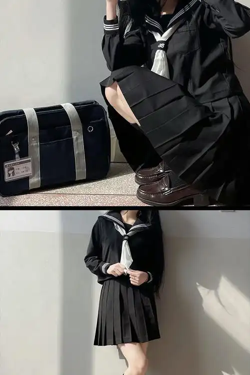 三本基础款jk制服套装正版水手服中间服学生校服 黑色三本长袖 短裙