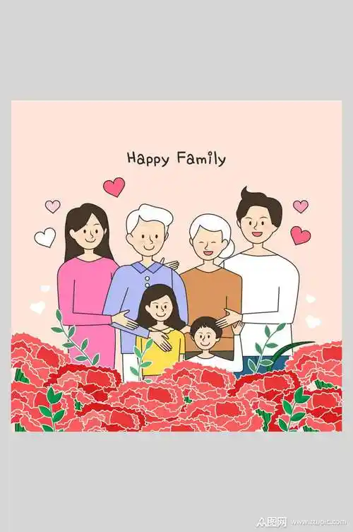 清新红色全家福插画素材 全家福照片样片素材