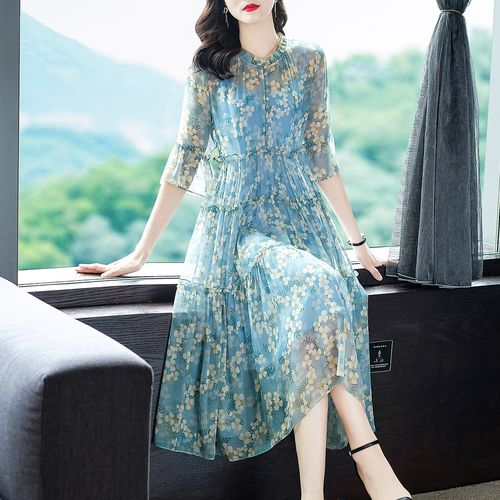 真丝桑蚕丝连衣裙女夏高档大牌中长款款宽松碎花裙子2022新款长裙