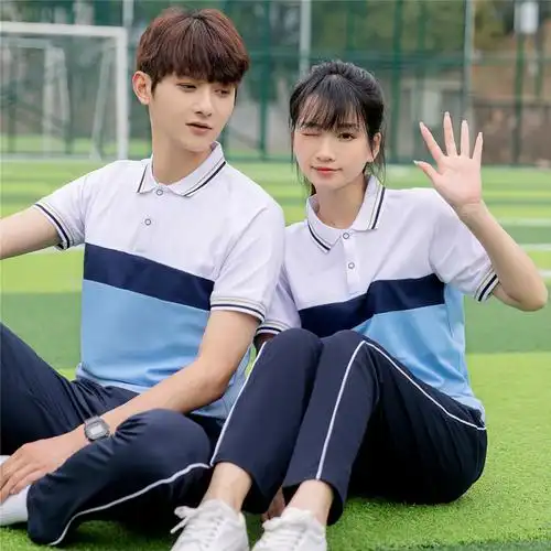 初中生校服套装珠地棉夏季短袖毕业班服军训服蓝白上衣两件套男女