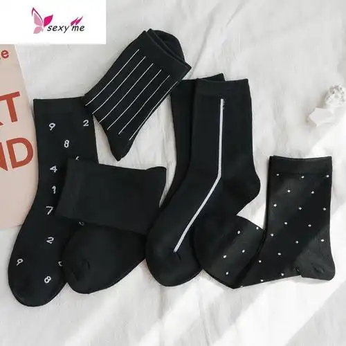 袜子女中筒黑色潮ins条纹常规夏季百搭韩版ulzzang棉长袜fishbasket
