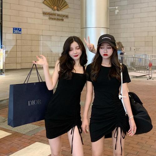 优质性感吊带气质闺蜜装短袖连衣裙女春夏2024年新款抽绳显瘦裙子