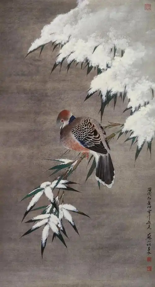 苏小松《鹘鸠雪竹图》