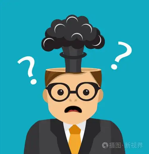 一个生意人解决不了一个难题, 脑袋里有一个爆炸的大脑和问号的背景.